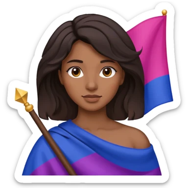 eu com a bandeira bissexual, sou morena, com cabelos negros que vão até a altura dos ombros levemente ondulados, olhos castanhos, sticker