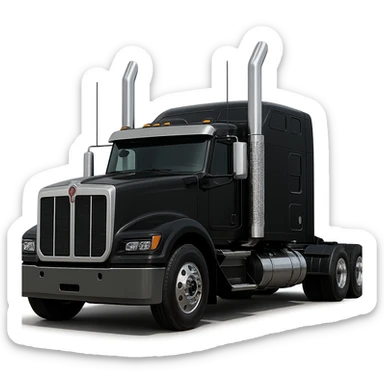 Kenworth W680 flattop black semi truck sleeper with chrome exhaust stacks, front angle sticker