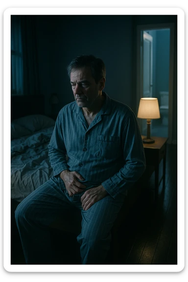 A nighttime scene inside a dimly lit bedroom. A man in his 50s sits stanco sul bordo del letto, con lo sguardo perso nel vuoto, mentre una luce fioca proviene dalla lampada sul comodino. Indossa un pigiama spiegazzato, e si tiene leggermente la zona bassa dell’addome. Dietro di lui, il letto è visibilmente disfatto, segno di sonno interrotto. Una porta socchiusa sullo sfondo mostra la luce accesa in bagno, con il pavimento riflettente che indica i numerosi passaggi notturni. Il tono è cupo ma realistico, con colori freddi, blu e grigi, e un leggero bagliore lunare che filtra dalla finestra. Stile: 35mm film, profondità emotiva, dettaglio ambientale. in italiano sticker