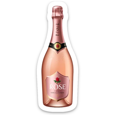 bottle of sparkling rosé champagne with a rose logo on the label, tilted up and to the left, no glass sticker