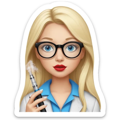 girl with blue eyes, blonde ling hair, black squared glasses, big lips, long eyelashes, and an electronic cigarette in her right hand sticker