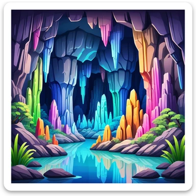 Reed Flute Cave Guilin with colorful lighting, simplified emoji style with bold outlines and bright colors, cartoon style cave with stalagmites sticker