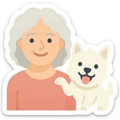 Make the Westie dog playful, with an energetic pose or playful expression, keep the 50-year-old lady with silver curly hair smiling sticker