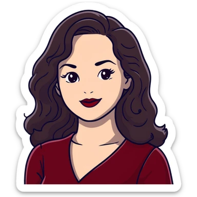 Elegant high-profile woman with glowing fair skin, long dark straight hair with soft waves, large dark eyes with dramatic makeup, defined eyebrows, full red lipstick, wearing wine red velvet dress with V-neckline, glamorous confident smile sticker