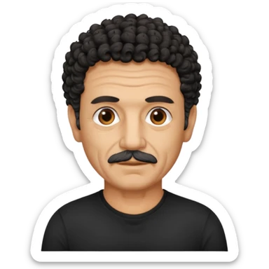 60 year old Greek man with short black curly hair that sticks up and has a black shirt sticker