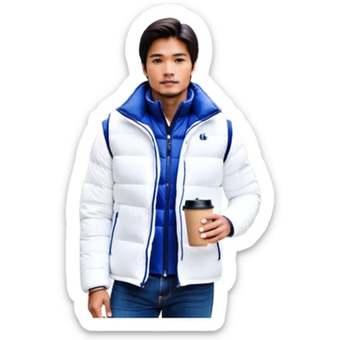 full body man with long sleeve white shirt with blue puffer winter vest with no pockets wearing straight long boot cut levi blue jeans with no cuffs and black tennis shoes holding a coffee mug in one hand directly in front of him at his chest and nothing in the other hand with his weight on one leg sticker