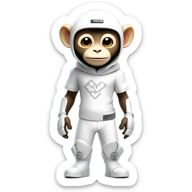 a 3d rendering of a full body shot of a cute white capucin monkey wearing a t shirt with a letter 'W' on it and a futuristic platinum helmet also with a letter 'W' on it, smiling and being cute to the camera, his style is futuristic y2k, he's standing up sticker