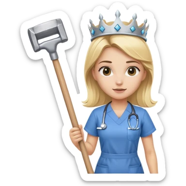 blond nurse girl wearing scrubs with a crown and a sledge hammer sticker