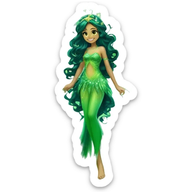Aisha adult fairy of ocean / sea her enchantix fairy green / dark green sparkling two-piece clothing and fairy enchantix wings and long dark brown curlyhair in from winx club. Lots of sparkles and fairydust. Full body pic and full fairy bliss sticker