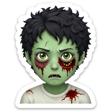 zombie character with green skin, messy short curly black hair, and no glasses. Give him large expressive eyes, a slightly frightened or eerie expression, subtle wounds, dark under-eye shadows, and a few cracks or dried blood marks on the face.  white shirt and no bleeding eyes **BLACK HAIR** sticker
