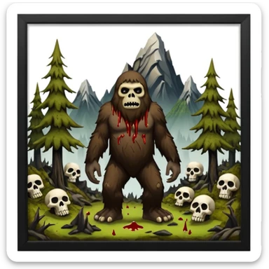 Creepy Alaskan sasquach woods make the trees smaller and covered in moss with skulls coming out of the ground and blood dripping mountains in the back ground  sticker