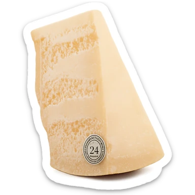 Realistic style piece of Parmigiano Reggiano inspired by the reference image, isolated with no background, natural details, slightly rotated, photorealistic rendering. sticker