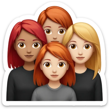 Can you create an image of 3 friends together one with red bright hair light skin one the other with brown hair with some blonde highlights in the hair fair skin the last one with light brown a tint of orange hair and black long hair with brown  sticker