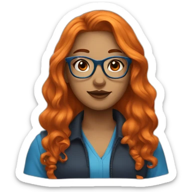 A girl with orange/black long curvy hair, blue glasses and a blue blousse sticker