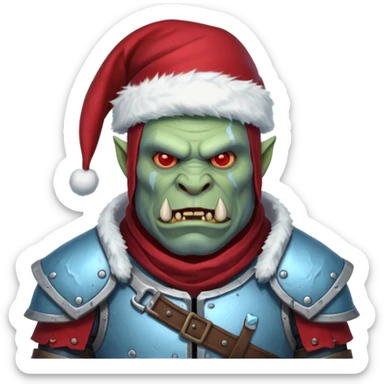 
Fantasy Christmas orc legion soldier icon, iron tundra army theme, heavy winter armor, disciplined brutal look, icy blue steel armor with deep crimson accents, frozen metal texture, cold winter atmosphere, male variant sticker