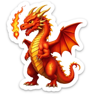 cinematic-noble-fierce-fire-dragon-full body-emoji,-poised-and-imposing,-with-a-muscular,-scaled-body-ablaze-in-fiery-hues-of-crimson,-molten-orange,-and-molten-gold,-and-intense,-burning-eyes-that-mirror-the-heart-of-a-volcano;-rendered in detail sticker