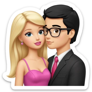 pretty blonde girl barbie kissing nerd with black hair and tan skin on the cheek sticker