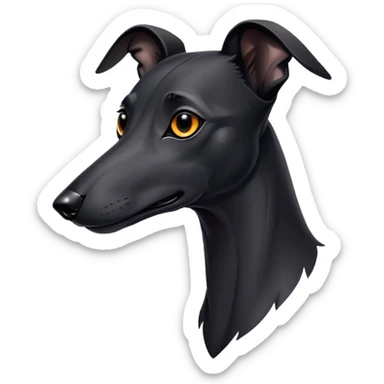 Cinematic Noble Black Greyhound Portrait Emoji, Poised and regal, with a lean, graceful build and a sleek, jet-black Fur, deep-set soulful dark eyes, Simplified yet sharp and sophisticated features, highly detailed, glowing with a soft, dignified glow, high shine, intelligent and swift, stylized with an air of elegance, focused and attentive, soft glowing outline, capturing the essence of a watchful and commanding racer, so majestic it feels as though it could sprint out of the screen with effortless authority! sticker