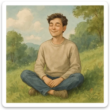A relaxed person sitting cross-legged on a grassy hill, eyes closed, peaceful smile, surrounded by nature, soft realistic illustration style sticker