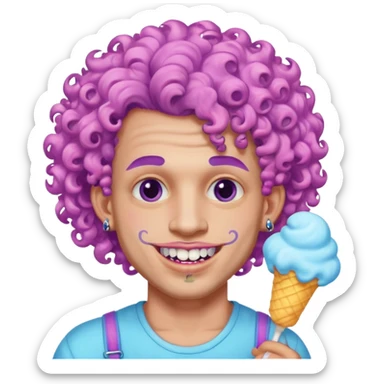 very cheerful colorful puffy violet curly haired man made out of cotton candy wearing teeth-braces and tattoos and face tattoos just face  sticker