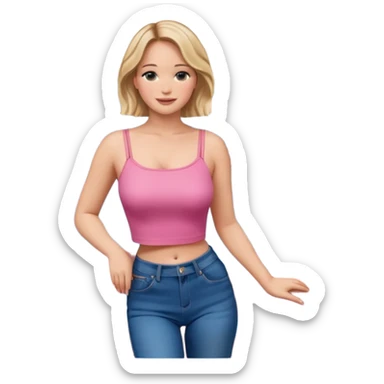 jennifer lawrence, pink crop top, and blue jeans, leaning on a balcony with a harbor and cityscape in the background, smiling sticker