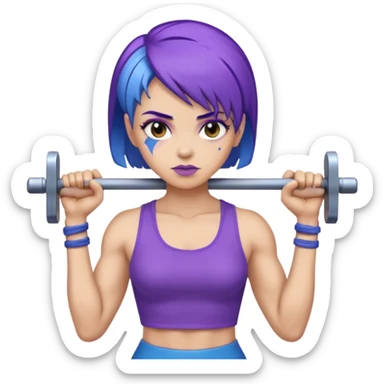 weight lift woman short blue purple har muscles bar is not growing from head sticker