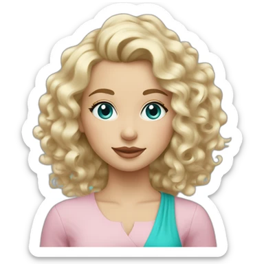 Blonde curly hair mid length sidecut.  Belgian girl. blue eyes with turquoise earrings and light pink features sticker