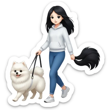 A girl with long black hair walks a white Pomeranian sticker