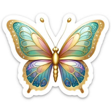 Pastel sparkly gold glittery iridescent rainbow transparent butterfly with detailed intricate patterns sticker