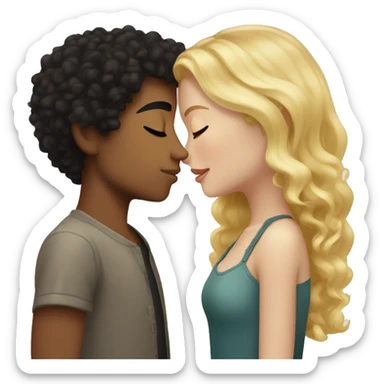 Blonde girl with freckles and closed eyes kissing boy with black curly hair and closed eyes and tan skin sticker