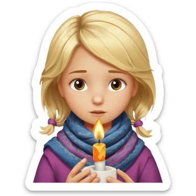 A little girl with messy blonde hair, wrapped in a thin scarf, lighting a match with shaky hands as warm light reflects in her eyes.
 sticker
