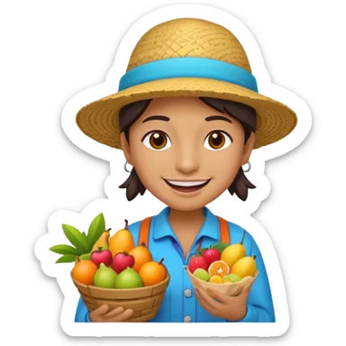 3D emoji illustration of a Peruvian street vendor, selling fruits and snacks on the sidewalk, smiling, urban neighborhood in background, bright colors, cartoon style, bold outlines, glossy sticker, transparent background sticker