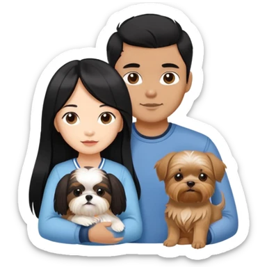 A beautiful Asian girl with long black hair is holding a Yorkshire Terrier. She is standing next to her brown skinned boyfriend, who is holding a Shih Tzu. They are each holding one dog each sticker