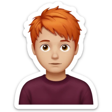 A guy with orange hair, short and messy, dark brown eyes, with a burgundy sweater sticker