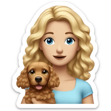 Blonde girl with wavy hair and blue eyes, dressed in pink and holding a small brown dog sticker