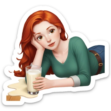 A red headed woman lying on floor with a pint of milk sticker
