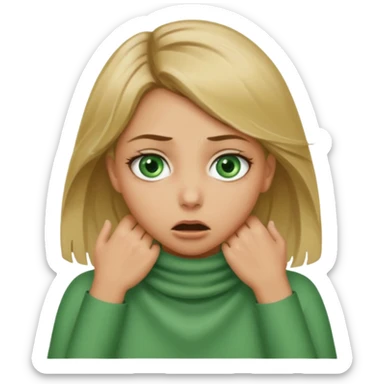 a girl with both hands around her next with her mouth wide and eyes scared like she’s choking herself make her dirty blonde with grrrn eyes and slightly tan sticker