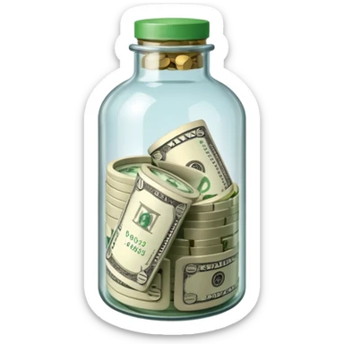 a bottle glass that contains dollars inside and it's labeled savings sticker