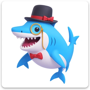 Add a monocle to the shark with a top hat, keeping the 3D emoji style look. sticker