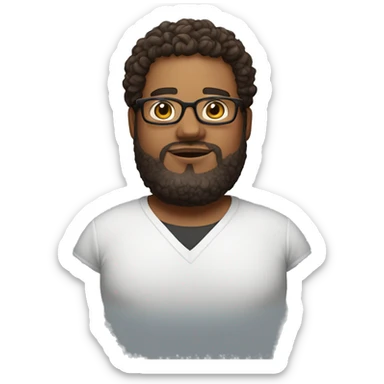 An emoji of an overweight man with medium brown skin, a beard, fade haircut on the sides with curly hair on top, and wearing glasses sticker