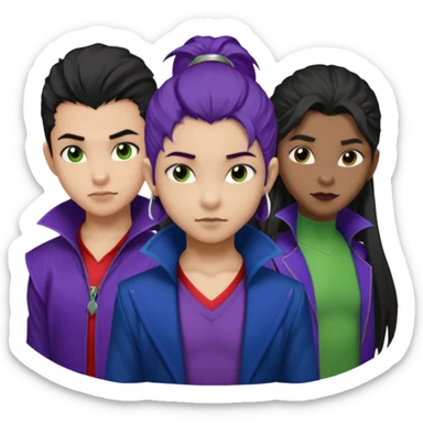 Solo poly platonic relationship, one African girl, one Asian boy, one biracial features Asian tomboy girl rat-tail hair long and upper masculine hair 90s, vampire and marvel cosplay elements inspired  use marvel race, like instead of obvious human, green purple blue etc,  sticker