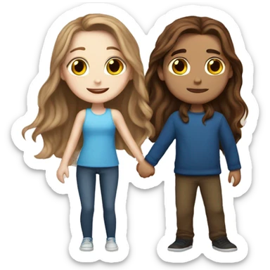Realistic white girl with long brown hair and white boy with brown hair and blue eyes hugging  sticker