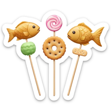 A minimalist Apple-style logo combined with fish cake with pink swirl (narutomaki), rice cracker (senbei), and dango on a stick arranged in a clean, modern design sticker