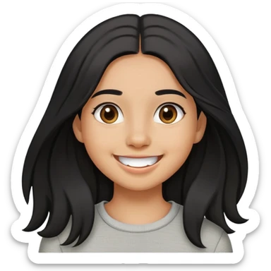 girl smiling with no teeth, olive brown complexion, long black hair, brown eyes, casual outfit sticker