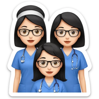 Genera un emogis con cuatro enfermeras pelinegra juntas, entre ellas una con lentes y otra con lunar encima del labio sticker