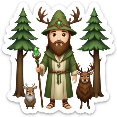 full body man long brown hair brown eyes medium beard white skin wearing stag hat and forest druid robes open chest sticker