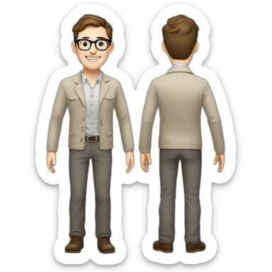 Joyful Full height Pale skinned Fit Man With dark brown hair in gray jacket, beige office shirt, Brown pants and vintage glasses. His thrumbs up sticker