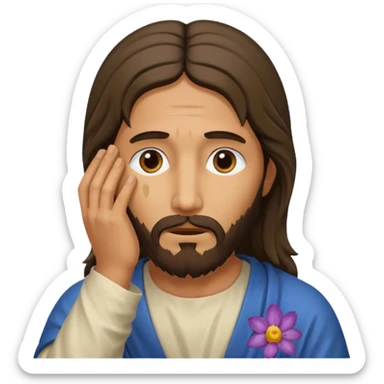 my workmate accidentally misspelled "Jesus christ" as "Jesbus christ", make an emoji of jesus with his hands on his face looking like hes ironically in pain sticker