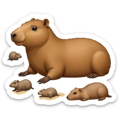 a capybara with a seal laying on a peaceful beach with other capybaras close by sticker