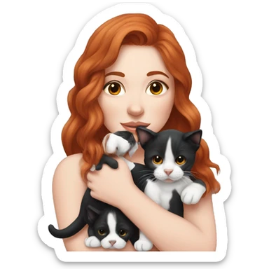 Long Red haired woman with septum piercing holding black and white English Staffordshire puppy and tabby kitten sticker